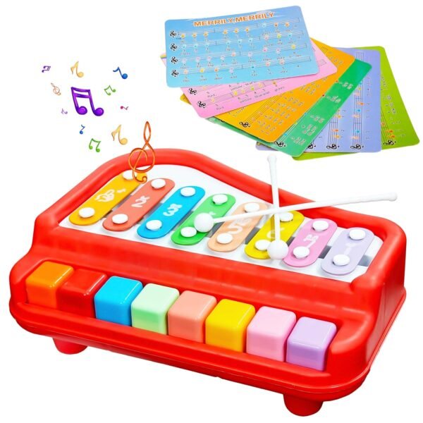 VGRASSP 2 in 1 Big Xylophone and Piano Toy for Kids with 8 Colorful Keys and Drum Sticks - Musical Instrument Toy for Baby and Toddlers - Red