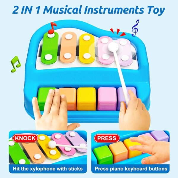 VGRASSP 2 in 1 Small Xylophone and Piano Toy for Kids with Colorful Keys and Drum Sticks - Musical Instrument Toy for Baby and Toddlers - Blue - Image 4