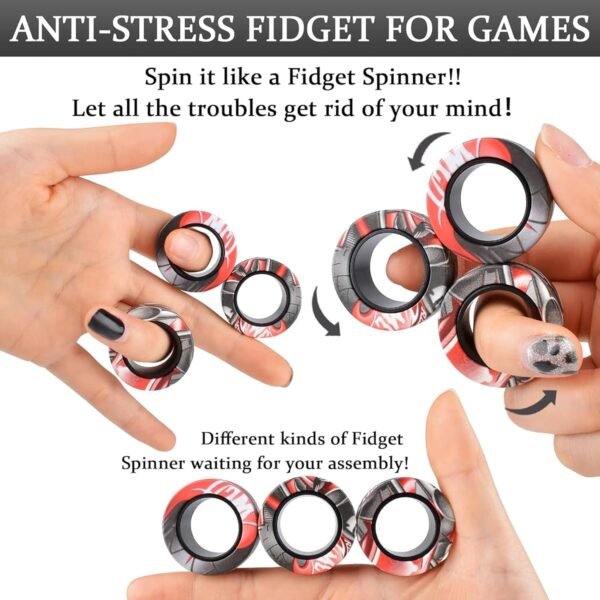 Kidology Magnetic Fidget Rings, Fidget Spinner Therapy Toys for Sensory Play, Ideal Gift for 4+ Year Olds, Stress Relief Anxiety Rings for Kids & Adults (RED/BLUE) - Image 4