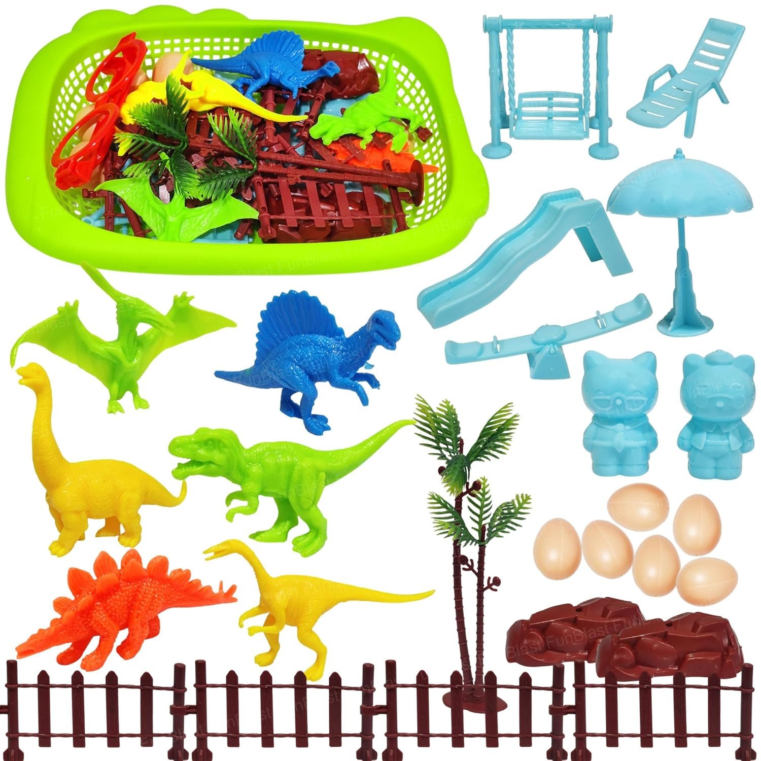 FunBlast Colorful Dinosaur Toy Play Set for Kids, Dinosaur Toy Set, Animal Figure Toys, Set of 6 Dinosaur with Eggs, Trees and Other Accessories. (Multicolor)