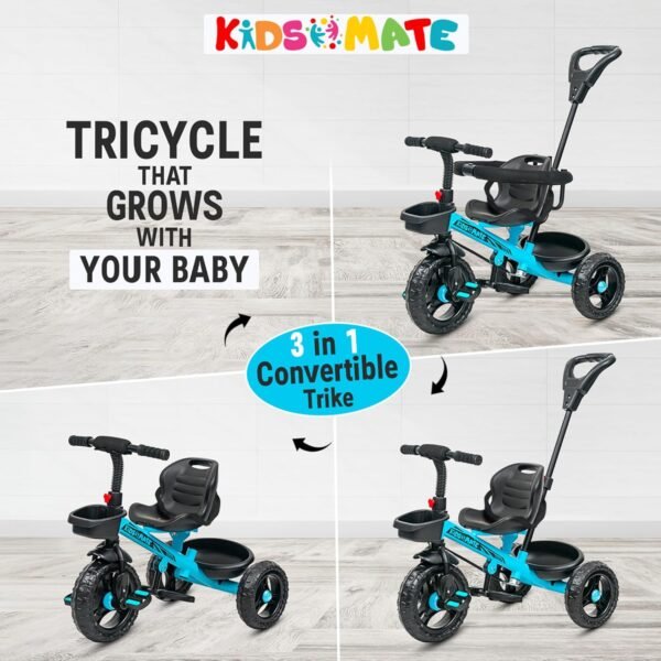 Kidsmate Xplorer 3-in-1 Tricycle for Kids | Durable Plug & Play Baby Trike with EVA Wheels, Safety Rail & Push Handle for Parents | Safe & Comfortable Ride for Toddlers 12-48 Months - Blue - Image 5