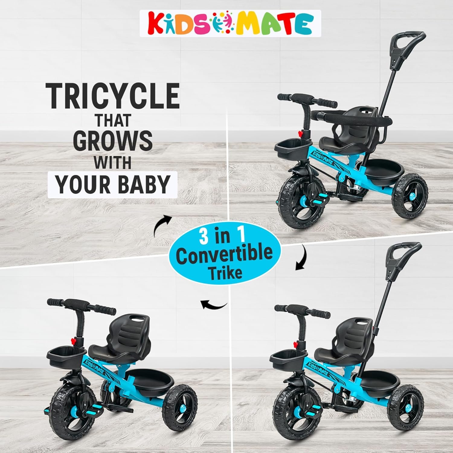 Kidsmate Xplorer 3-in-1 Tricycle for Kids | Durable Plug & Play Baby Trike with EVA Wheels, Safety Rail & Push Handle for Parents | Safe & Comfortable Ride for Toddlers 12-48 Months - Blue - Image 5