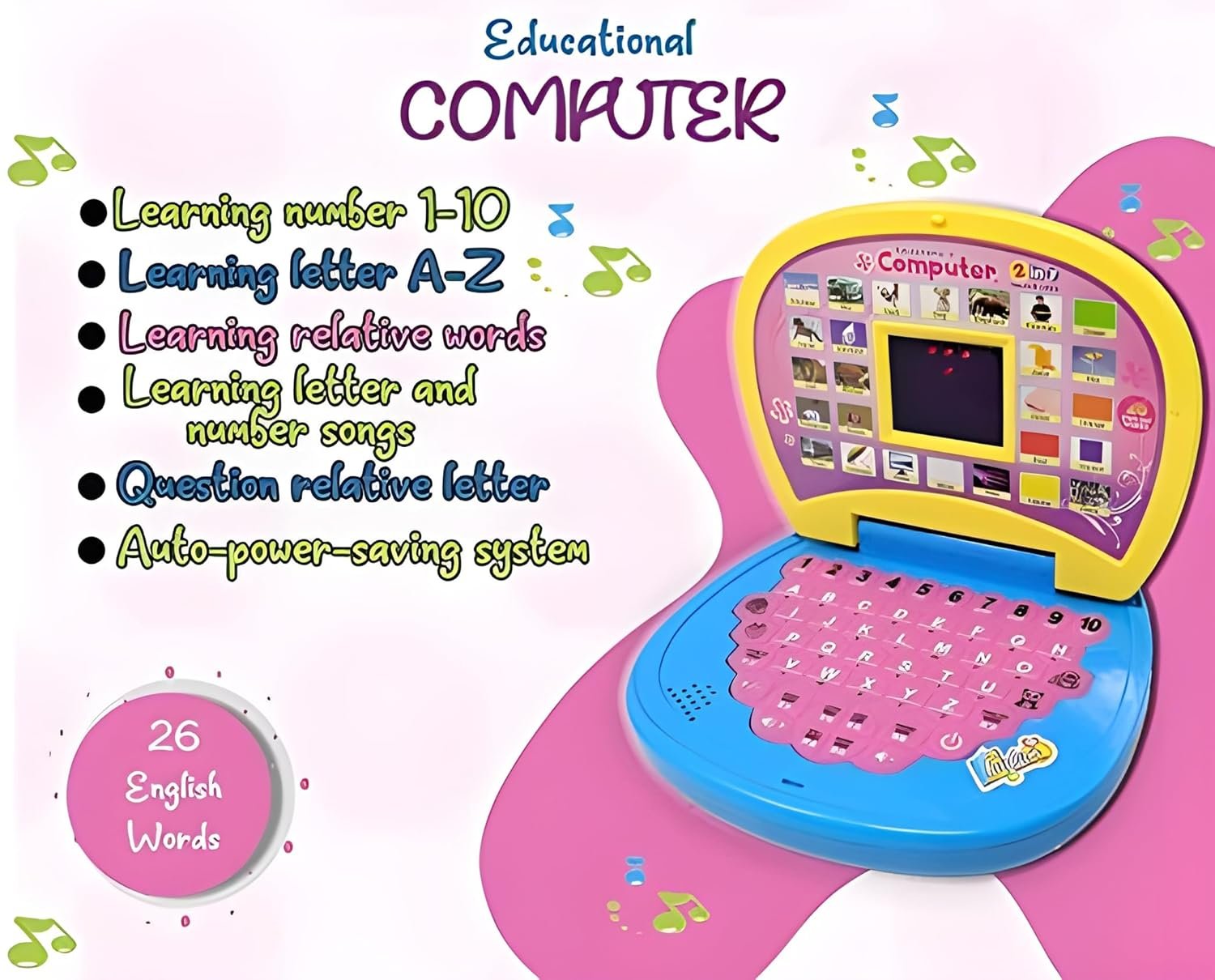 Fun express Kids Laptop Computer Toy Baby Laptops for Kids 1 2 3-6 Years Activity Electronics Number & Alphabet Charts for Kids Learning Educational Toy with Sound and Music (Laptop Blue Small) - Image 5