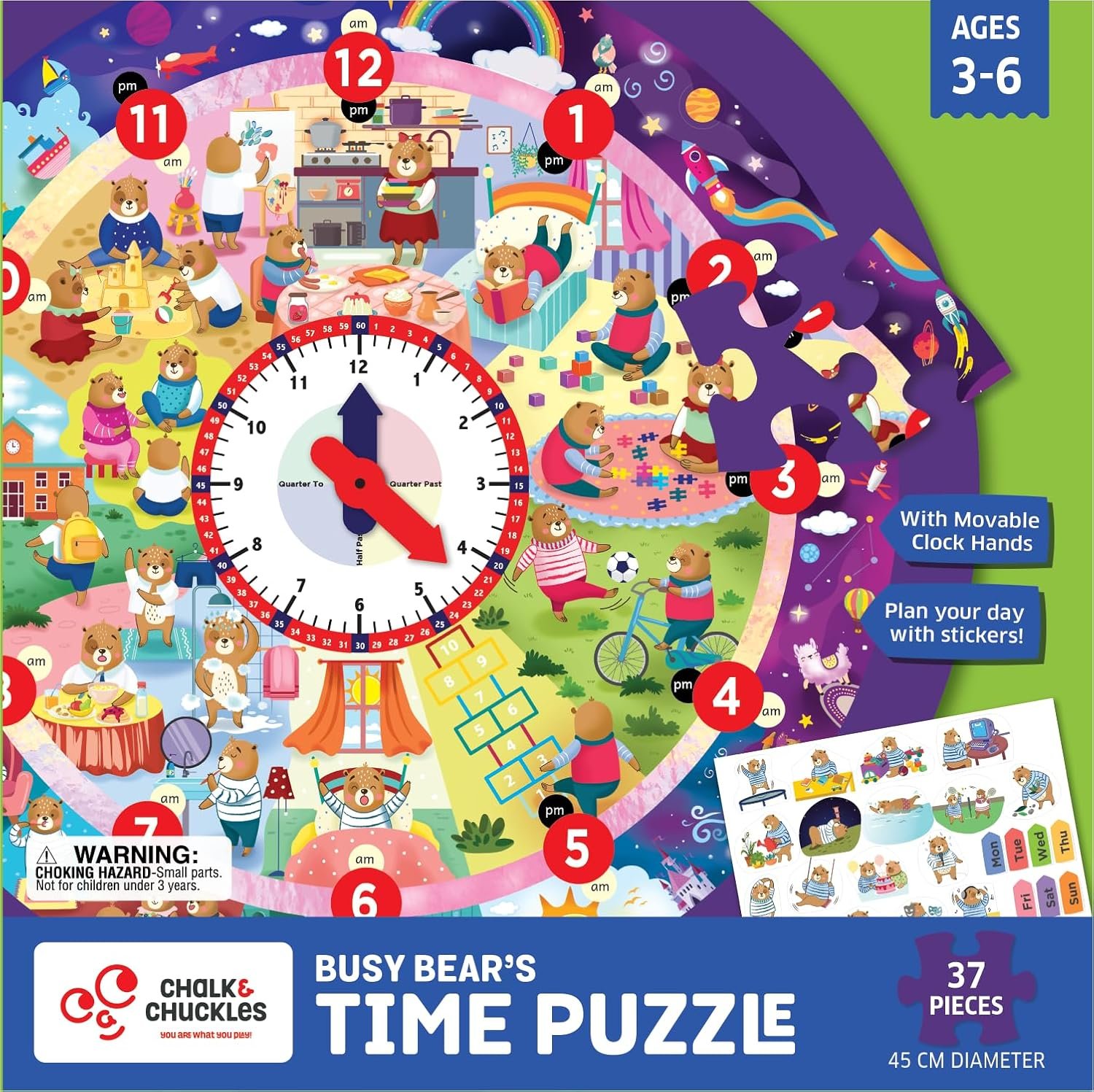 Chalk and Chuckles Tell The Time Clock Jigsaw Puzzle for Kids 3-6 Years, Educational & Learning Toys for Ages 4, 5 Year Old; Gift for Kids, Toddler, Preschool - Image 3