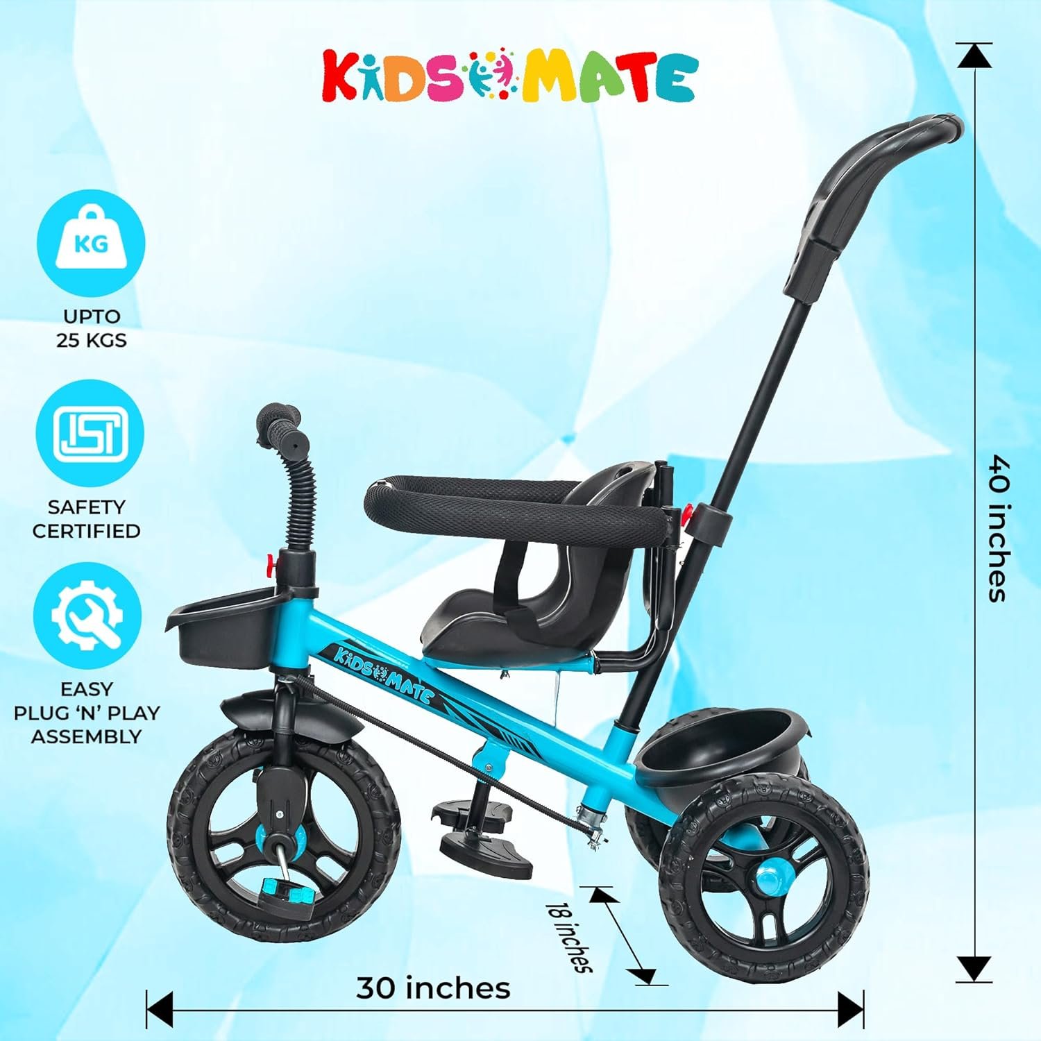 Kidsmate Xplorer 3-in-1 Tricycle for Kids | Durable Plug & Play Baby Trike with EVA Wheels, Safety Rail & Push Handle for Parents | Safe & Comfortable Ride for Toddlers 12-48 Months - Blue - Image 2