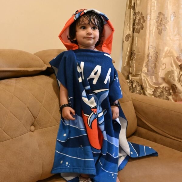 Dark Blue Shark Dive Poncho Towel for Kids | Hooded Bath Towels | 60 x 60cm Toddler Pool Towel for Boys & Girls, 1-7 Years | Cute & Cozy Bath/Beach Towel - Image 5