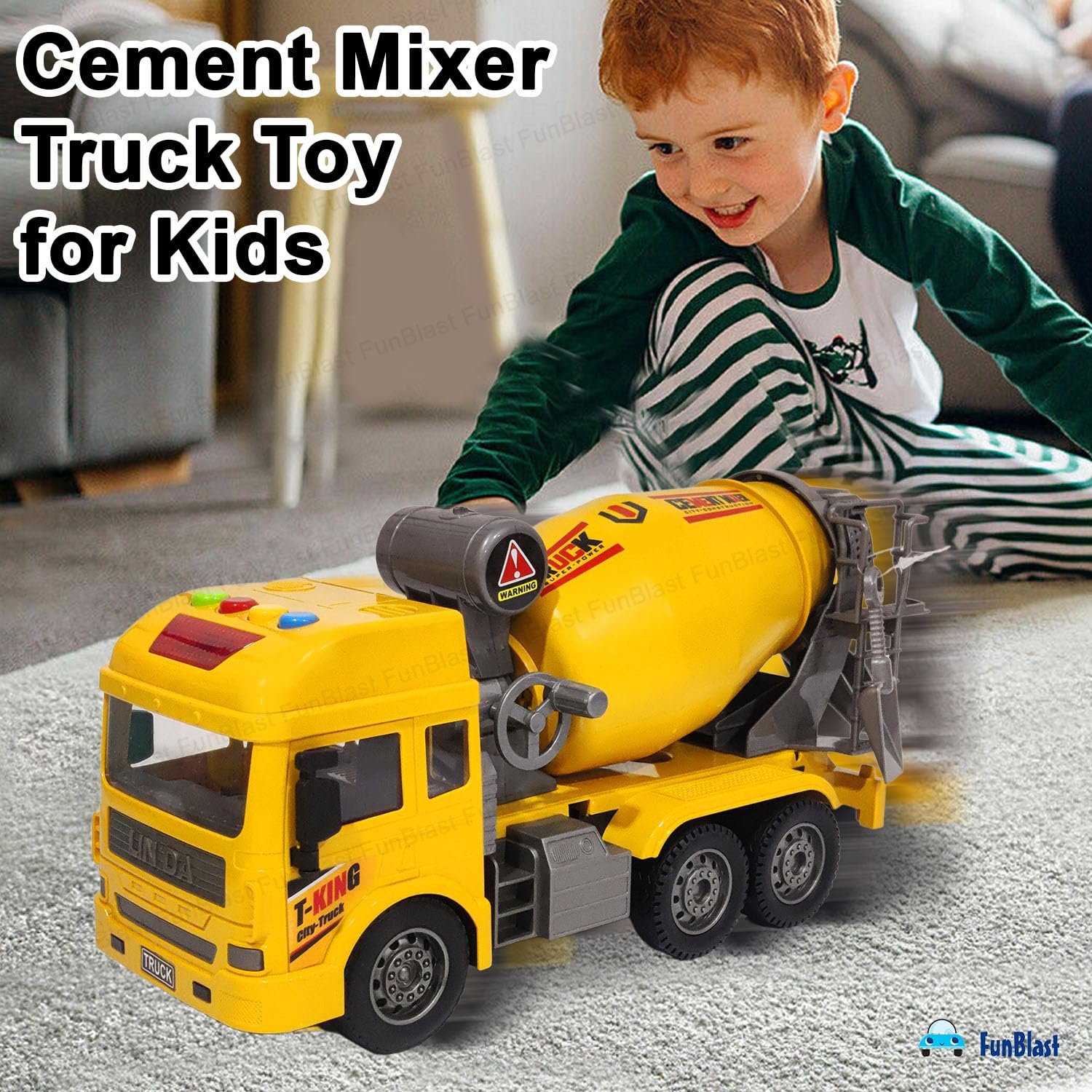FunBlast Cement Mixer Truck Toy for Kids, Friction Power Construction Truck Toy for Kids, Big Size Pull Back Toy Trucks for 3+ Years Old Boys and Girls, Light and Sound Toys for Kids (Yellow) - Image 6
