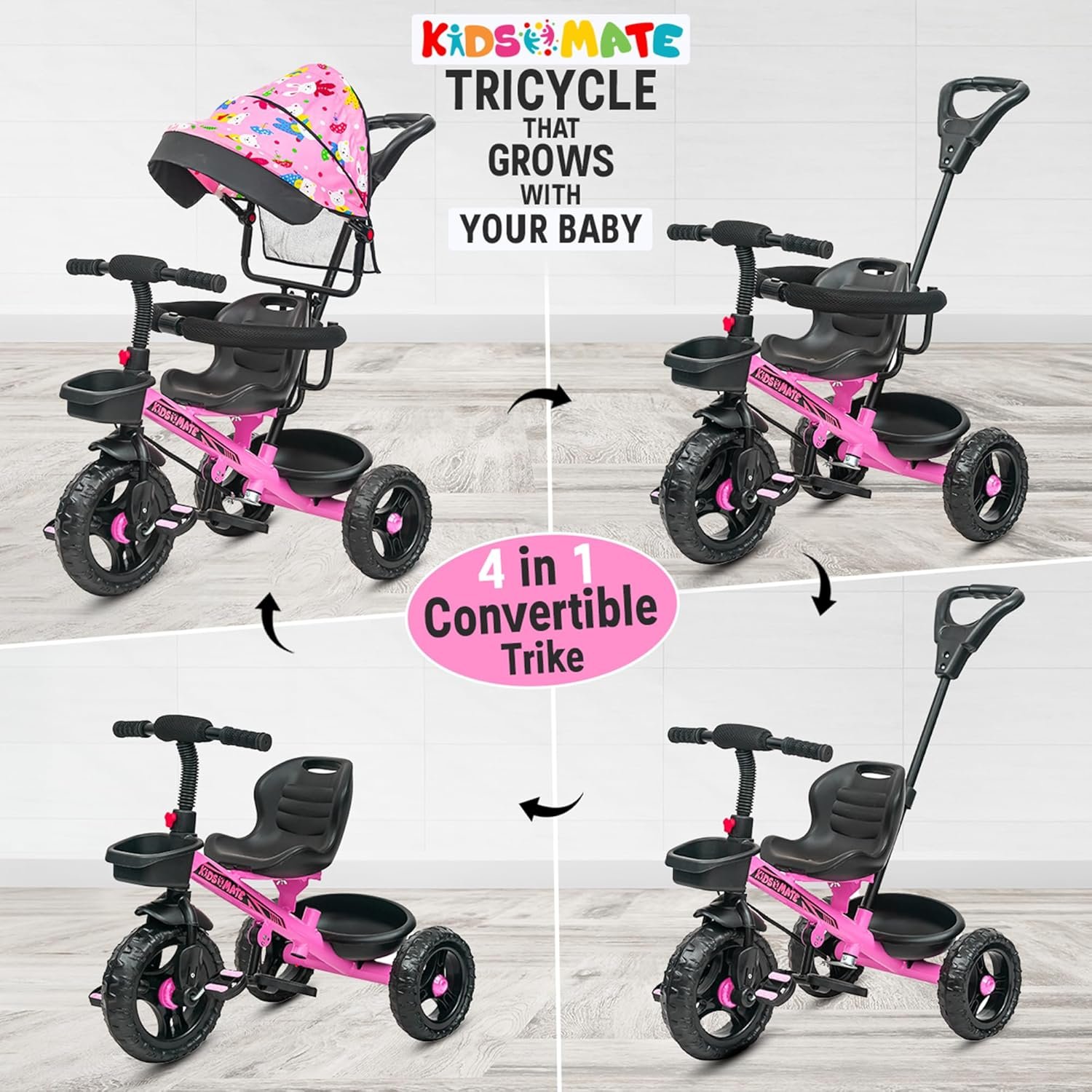 Kidsmate Deluxe 4-in-1 Tricycle for Kids with Adjustable Canopy | Durable Plug & Play Baby Trike with Safety Rail & Push Handle for Parents | Safe & Comfortable Ride for Toddlers 12-48 Months - Pink - Image 5