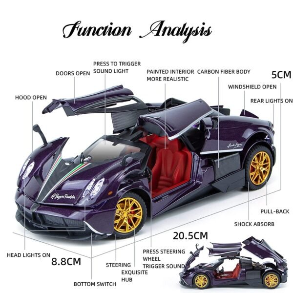 Special Edition Die-Cast Car, Pull-Back Alloy Metal 1:24 Pagani Huayira Kids\' Toys - Diecast Metal Pullback Toy Car with Openable Doors and Light/Colors As Per Stock - Image 4