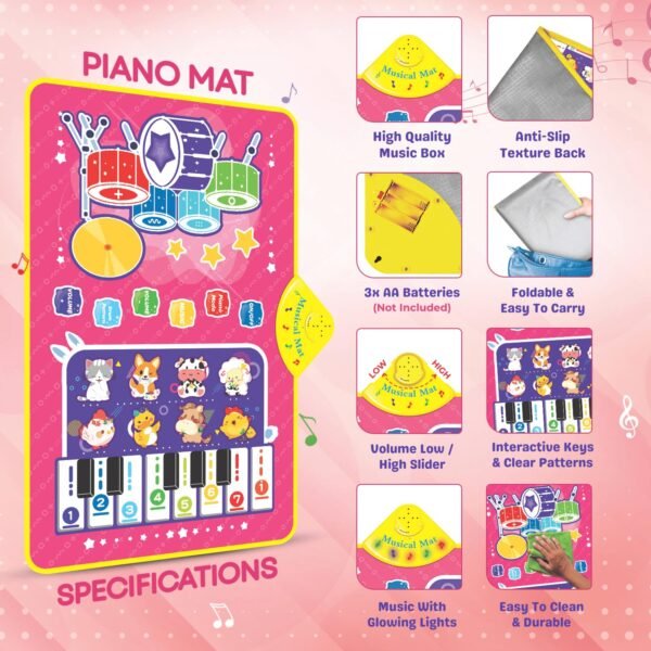 3-in-1 (Cat & Unicorn) Piano Mat for Toddlers, Piano & Drum Mat with 2 Sticks, Featuring Animal, Piano, and Drum Sounds, Educational Toy for 12 Months+,Ideal for 1-3 Year Toddler - Pink Design - Image 5