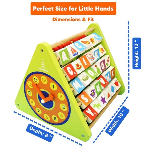 Shumee\'s 5-in-1 STEM Activity Triangle | Engage Your Baby with ABCD, Counting & Telling Time | Wooden Abacus and Gear Cube Toy for Kids| Gift for Boys and Girls | Kids Toys - Image 2