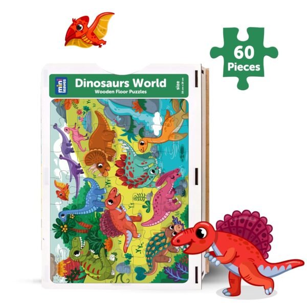 60 Piece Wooden Puzzle for Kids 4-6 Years - Dinosaurs World Jigsaw Floor Puzzle With Booster Cards & Box - Safe & Durable Educational Toy - Image 3