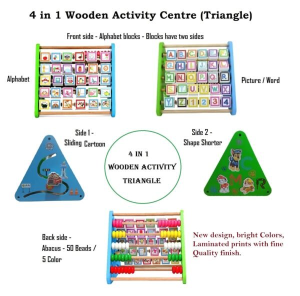 4 in 1 Wooden Activity Triangle Center Cube | Alphabet Blocks, Abacus, Shape Shorter, Zig Zag Sliding Cartoon Figure Maze | Toys for Babies Montessori Learning Toy for 1-5 Year Old Kids - Image 4
