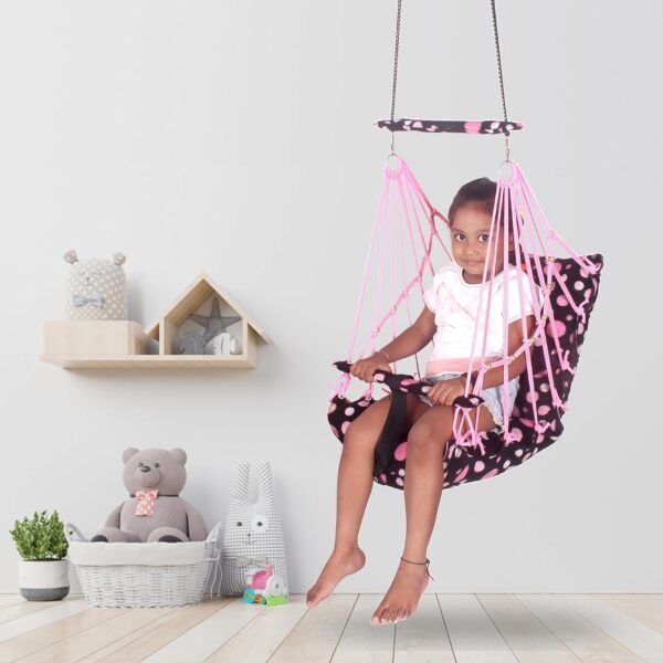 Baby Swing for Kids Cotton Swing Chair for Kids julla Baby\'s Children Folding and Washable 1-5 Years with Safety Belt/Home, Garden Jhula for Babies Cradle | (A. Pink Round) - Image 3