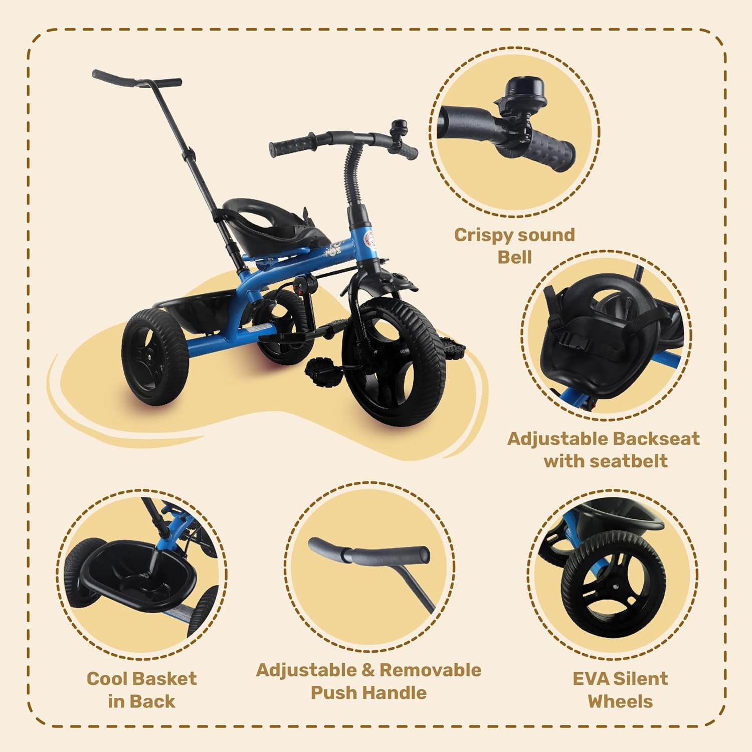 Mini Prima Tricycle for Kids | Tricycle for Kids | Cycle for Kids 1-4 Years | Baby Cycle | Bicycle for Kids with Storage Basket, Cushion Seat and Seat Belt TZ-582 (Blue) - Image 4