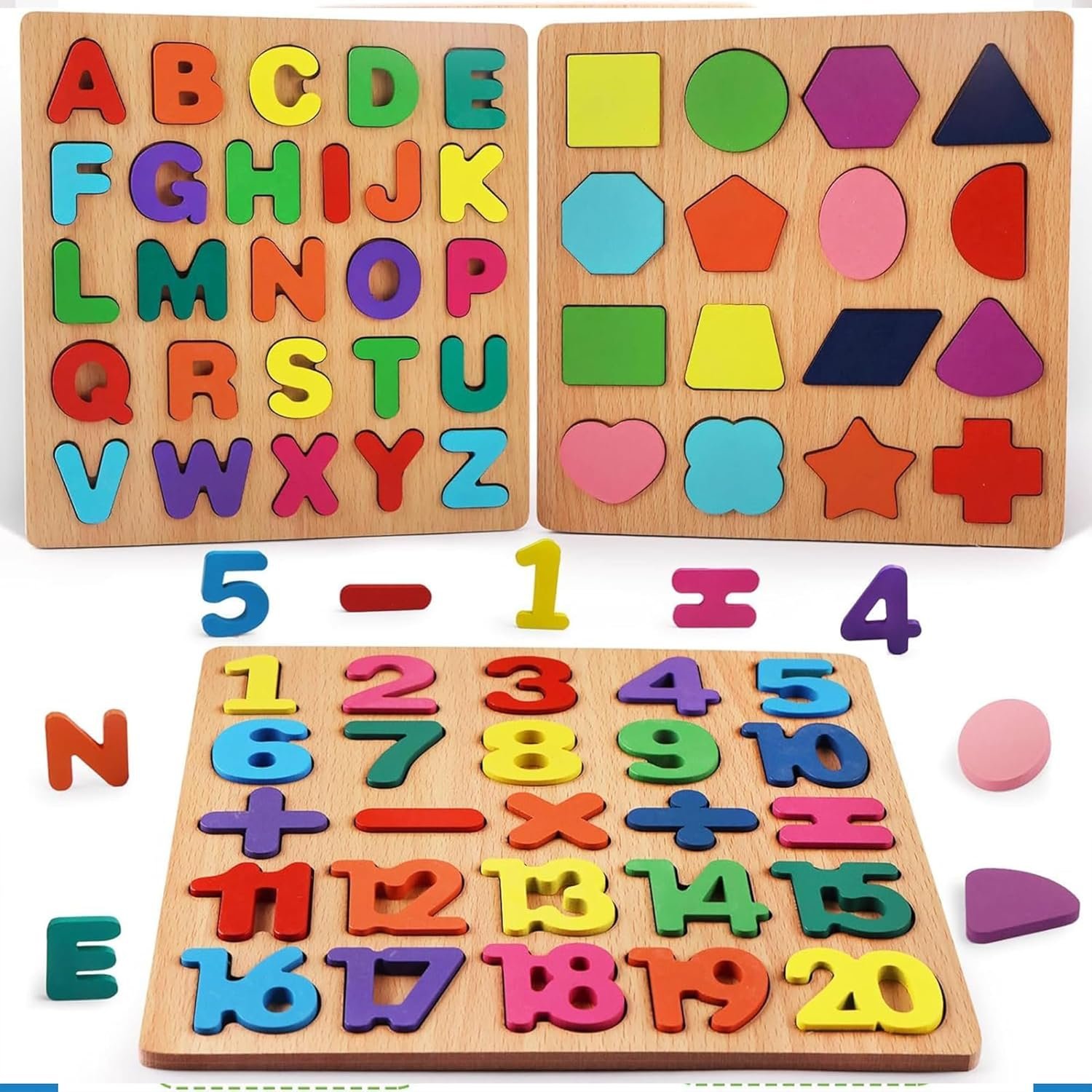 Kidology Wooden Puzzles for Toddlers for Kids Preschool Learning Toys, Wooden Montessori Toddler Puzzles Wooden Alphabet, Number, Shape Puzzles for Kids 2-4 Years Old (Wooden Puzzle - 3Pcs)