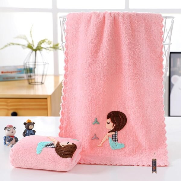 Microfiber Wash Towels Quick Absorbent Soft Coral Fleece Kids Handkerchief- Face Towel for Girls Cute Doll Embroidered Hanky, Baby Shower Gift (35x75 cm) (Pink)