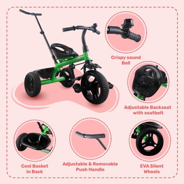 Mini Prima Tricycle for Kids | Tricycle for Kids | Cycle for Kids 1-4 Years | Baby Cycle | Bicycle for Kids with Storage Basket, Cushion Seat and Seat Belt TZ-582 (Green) - Image 4