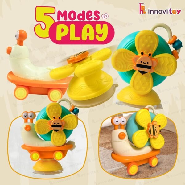 5 Modes of Play Yellow Snail Spinner Toy for Baby 0-3 Years - Convertible Friction Powered Baby Toy Car - Sensory Toys for Kids with Suction Cup Base - Perfect Baby Gift Set - Made in India - Image 4