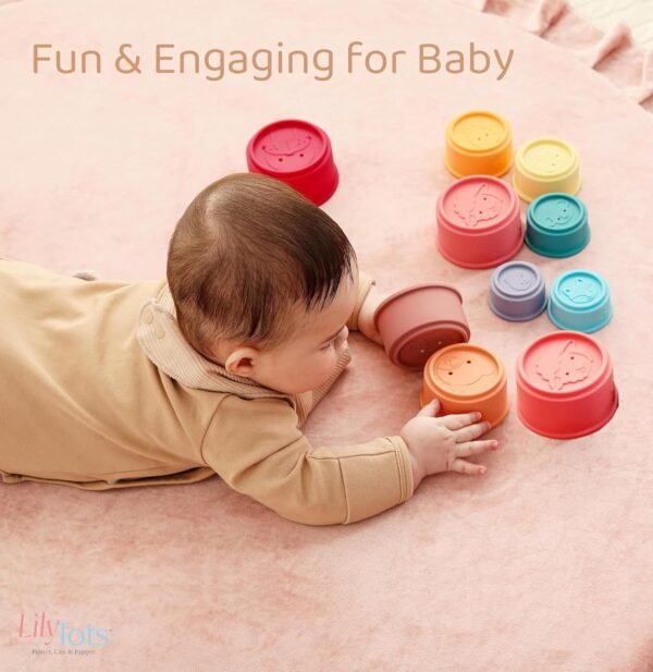 LilyTots™ Silicone Stacking Cups Toy | Soft Chewable Teething Baby Toys for 6 + months babies | 10 pcs Squeezable Stacker Activity for kids 0-3 years Learning & Develop kid\' Reasoning skills (10pcs) - Image 4