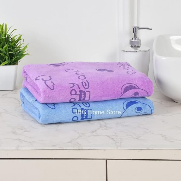 Combo Of Kids Bath Towel For Girls Boys -Premium Microfiber Quick Drying Towels for Unisex Kids - Cartoon Print Wash Dry Cloth Towel For Babies Toddlers, 60 x 120 CM, Purple & Blue Bear