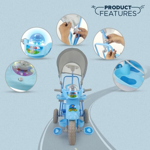 Dash Vega Kids Musical Tricycle with Rear Storage Basket, Foot Rest, Back Support, Adjustable Canopy & Parent Control Push Handle, Capacity Upto 20 kg for Kids (1 to 4 Years, Blue) - Image 5