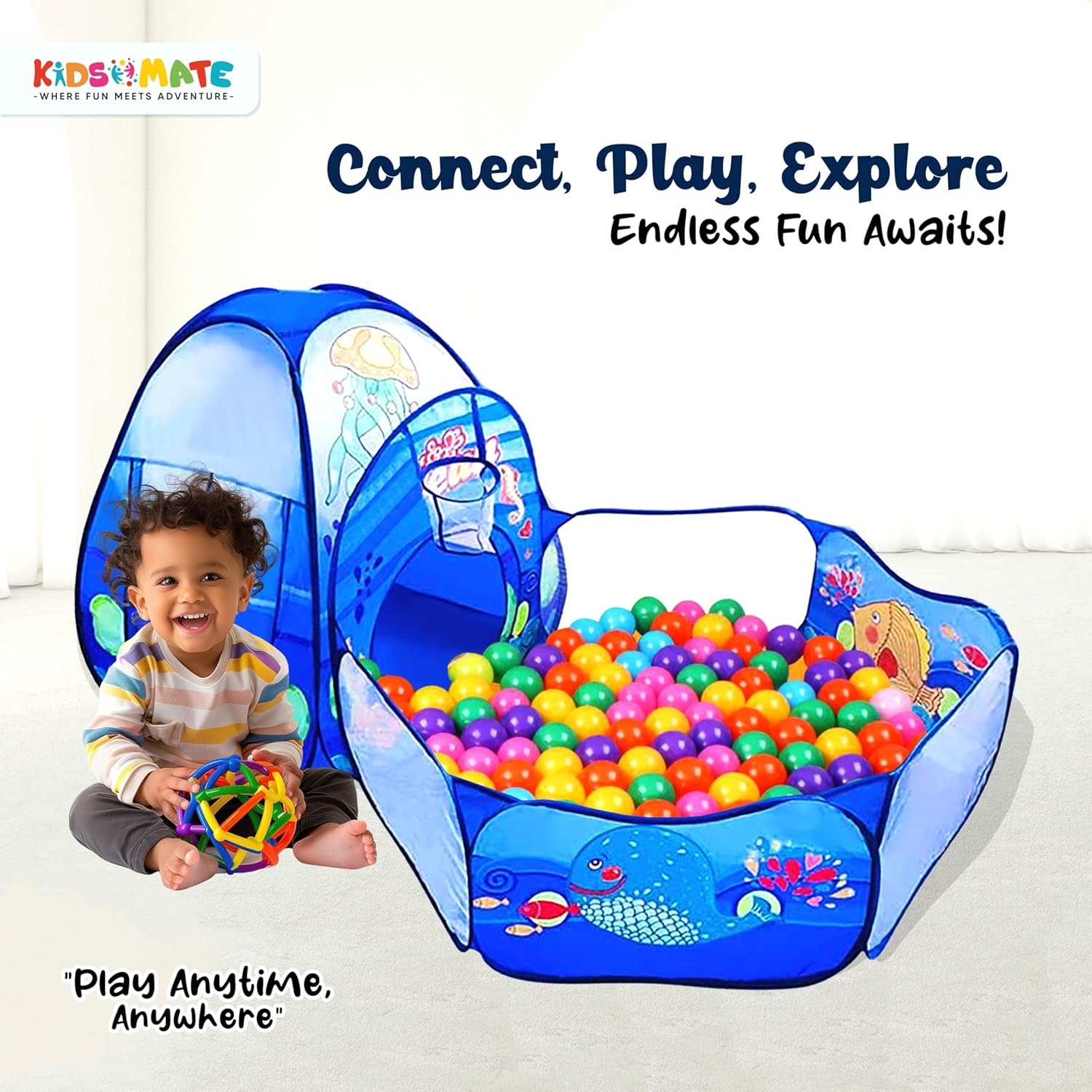 Kidsmate 3-in-1 Ball Pool Tunnel for Kids 1-5 Years | Foldable Pop-Up Tent with Crawling Tunnel, Ball Pit & Playhouse | Indoor/Outdoor Activity Toy for Boys & Girls | Balls Not Included – Blue - Image 3