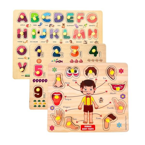 Bugbee Wooden Jigsaw Puzzle Toy for Kids | Colorful Learning STEM Educational Board Game for Boys & Girls| Human Body Parts, Alphabets ABCD, Numbers 1-10 | Baby Toys Birthday Gift for Ages 2-6 Years