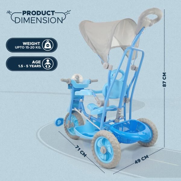 Dash Vega Kids Musical Tricycle with Rear Storage Basket, Foot Rest, Back Support, Adjustable Canopy & Parent Control Push Handle, Capacity Upto 20 kg for Kids (1 to 4 Years, Blue) - Image 2