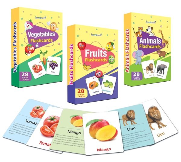 Premium Flash Cards for Kids Early Learning | Easy & Fun Way of Learning 1 Year to 6 Years Babies Smart Toys (Set of 3 - Fruits, Vegetables, Animals)