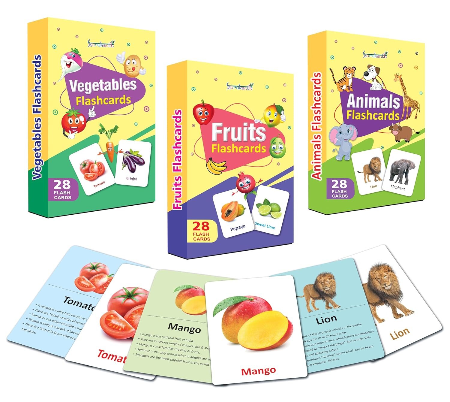 Premium Flash Cards for Kids Early Learning | Easy & Fun Way of Learning 1 Year to 6 Years Babies Smart Toys (Set of 3 - Fruits, Vegetables, Animals)