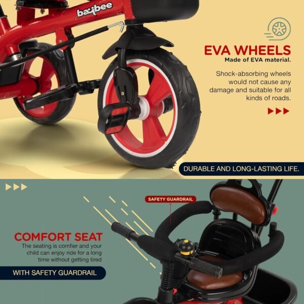 Baybee Albine 2 in 1 Baby Tricycle for Kids, Plug N Play Kids Tricycle with Adjustable Parental Control, Safety guardrail & Cushionseat Baby Kids Cycle, Baby Tricycle for 1.5 to 5 Year (Red) - Image 5