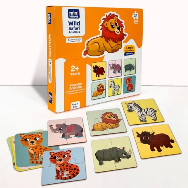4 Piece Wooden Puzzle Set of 6 - Wild Animals - Kids Toys for 2-5 Years Boy - Educational Pre-School Toys, Safe & Durable, Zero Plastic, Vivid Printing