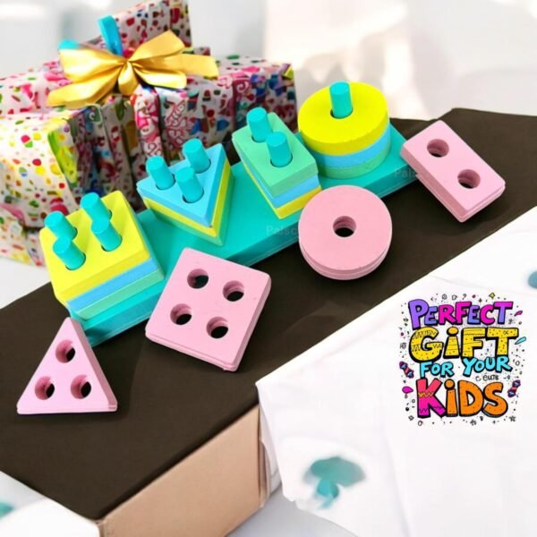 Wooden Geometry Angle Blocks Four Shapes Four Colour Stacker Shape Sorter Column Puzzle toyfor Kids Age 2-6 Years (Wooden Geometry Stacker) - Image 2