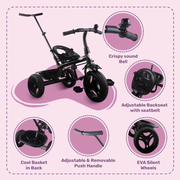 Mini Prima Tricycle for Kids | Tricycle for Kids | Cycle for Kids 1-4 Years | Baby Cycle | Bicycle for Kids with Storage Basket, Cushion Seat and Seat Belt TZ-582 (Black) - Image 4
