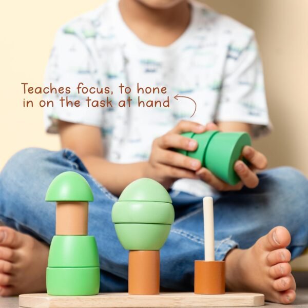 Aranya With Green Pajama Gift Set | Wooden Stacker and Muslin Pajama Combo | Handmade in India | Natural Wood Toy for Children | Birthday Gift (1-2 Years) - Image 5