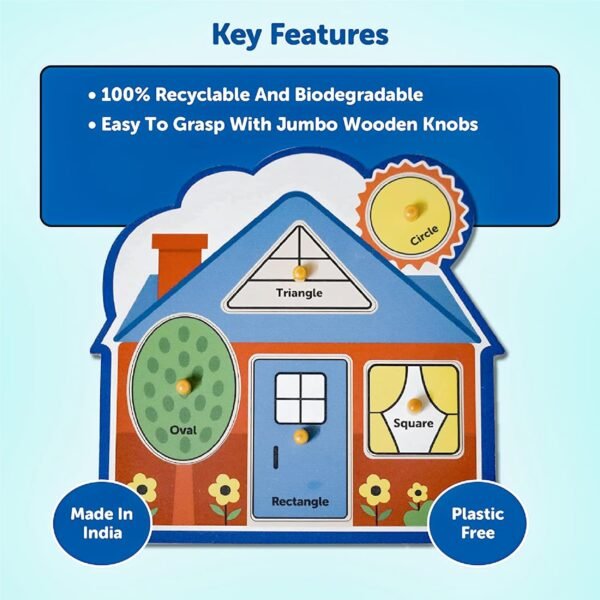 My First Shapes Wooden Knob Puzzle - Kids Toys for 2-5 Years Boy, Toys for 2+ Year Old Boy, Educational Shape Sorter with Jumbo Knobs, Zero Plastic, Easy to Hold - Image 4