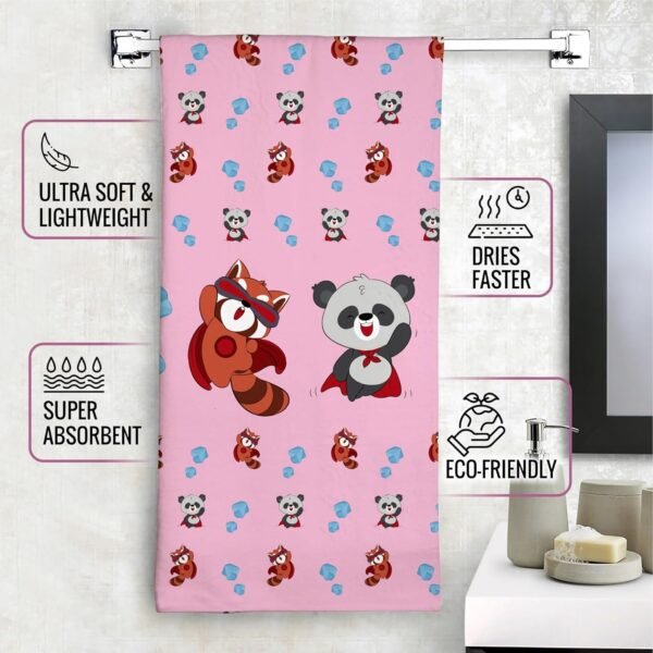 ECOSENSE® Kids Bath Towel Cotton Towel Printed Character Cartoon Ultra Soft Fully Absorbent 360 GSM, 60X120CM (Super Pandas) - Image 5