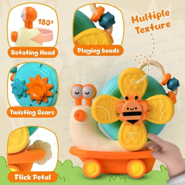 5 Modes of Play Yellow Snail Spinner Toy for Baby 0-3 Years - Convertible Friction Powered Baby Toy Car - Sensory Toys for Kids with Suction Cup Base - Perfect Baby Gift Set - Made in India - Image 3