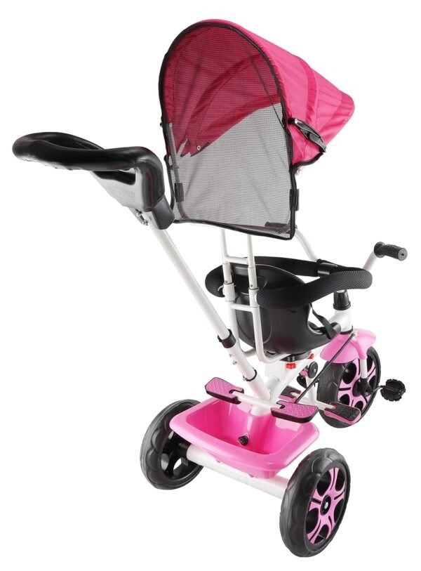 JoyRide 4 in 1 Convertible Baby Tricycle Toddler Stroller Pedal Tricycle w/Reversible Seat Adjustable Removable Handle Canopy Handrail Belt Storage Footrest for 1-5 Years Old (Pink) - Image 3