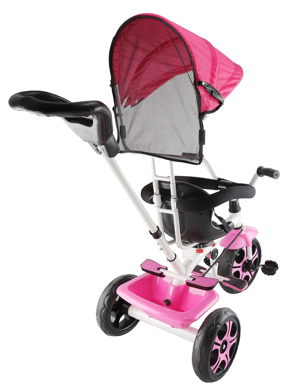 JoyRide 4 in 1 Convertible Baby Tricycle Toddler Stroller Pedal Tricycle w/Reversible Seat Adjustable Removable Handle Canopy Handrail Belt Storage Footrest for 1-5 Years Old (Pink) - Image 3