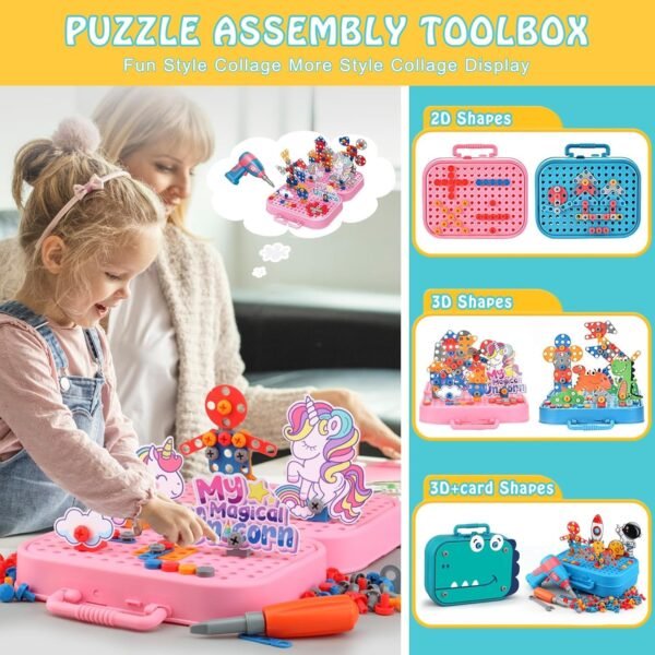 Creative Drill Toys for 3-5 Year Old Boys and Girls - Construction Building 3D Puzzle Kit with Pegboard Box - Take Apart STEM DIY Educational Drill Set - Fun Gift for Kids (Unicorn) - Image 3