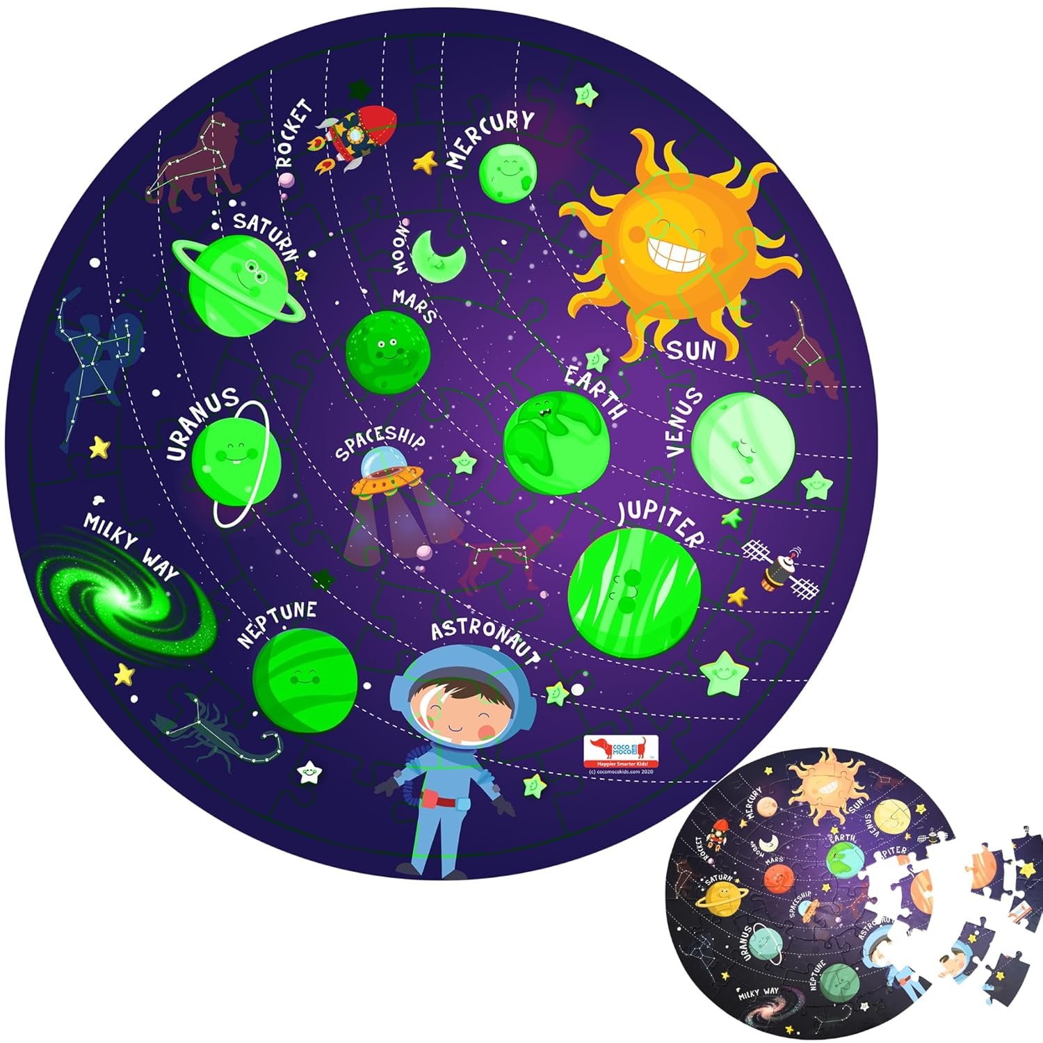 CocoMoco Kids Solar System Puzzle 42 Pcs - Glow in The Dark - Educational Toy - Space Puzzles for Kids Ages 2-6 Year Old Boys Girls Return Gift Jigsaw Puzzles of Planets, Universe (Single Pack)