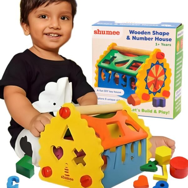 shumee 6-in-1 Wooden Shape Sorter Activity Toy (1+ Years) | Multicolor | Learning for Alphabets, Numbers, Time & Shapes | Educational Toddler Toy | Made in India