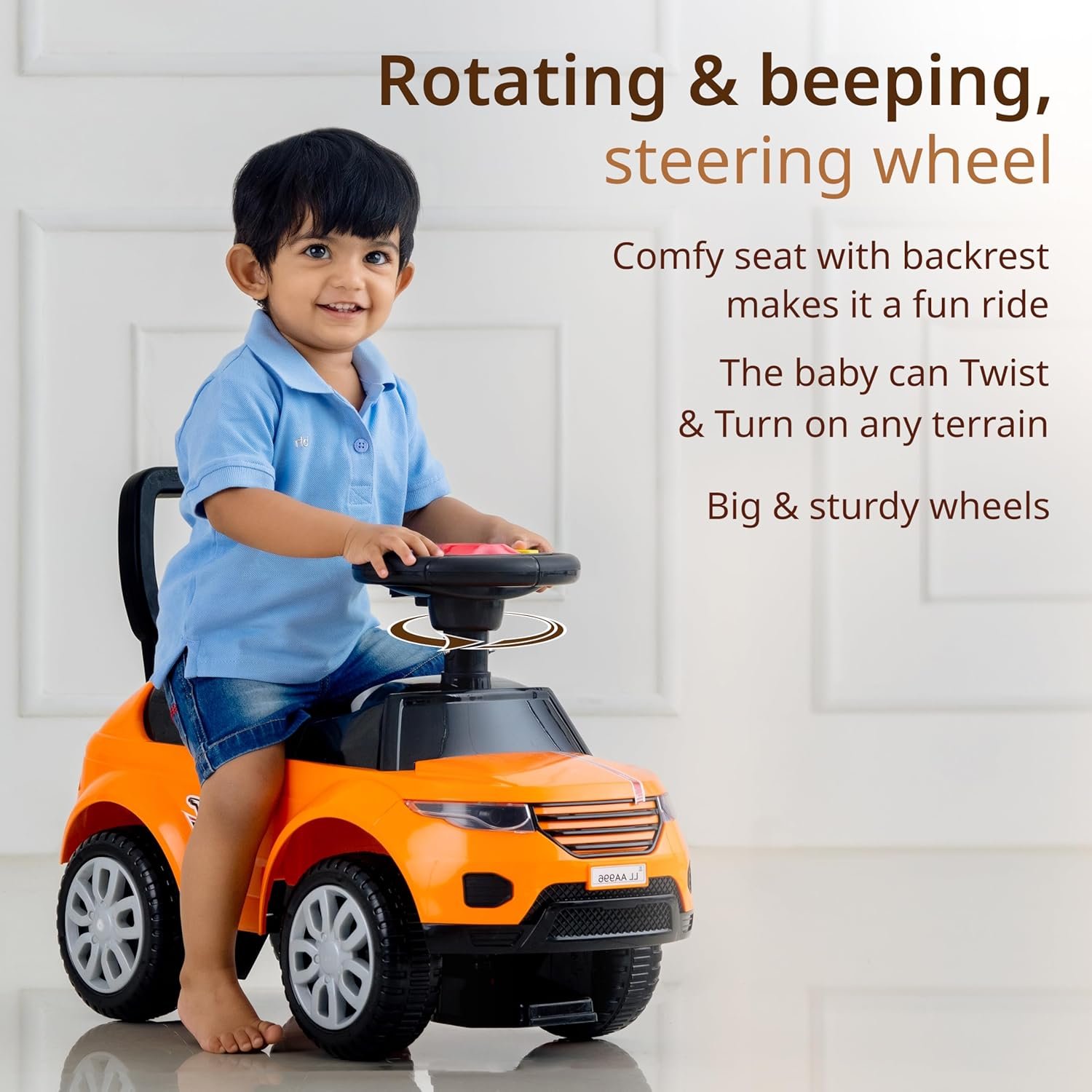 LuvLap Starlight Ride on & Car for Kids with Music & Horn Steering, Push Car for Baby with Backrest, Safety Guard, Under Seat Storage & Big Wheels, Ride on for Kids 1 to 3 Years Upto 25 Kgs (Orange) - Image 4