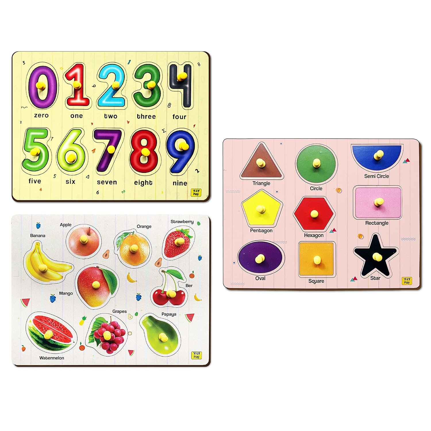 Fruits And Geometric Shapes And 0 To 9 Number Shape Pegboard Wooden Shape Sorter Educational Learning Puzzle For 2-5 Year Kids- Combo Pack Of 3