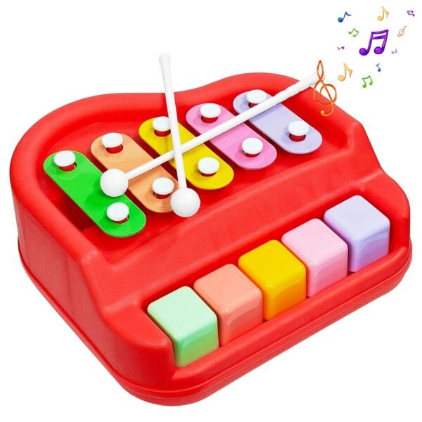 VGRASSP 2 in 1 Small Xylophone and Piano Toy for Kids with Colorful Keys and Drum Sticks - Musical Instrument Toy for Baby and Toddlers - Red