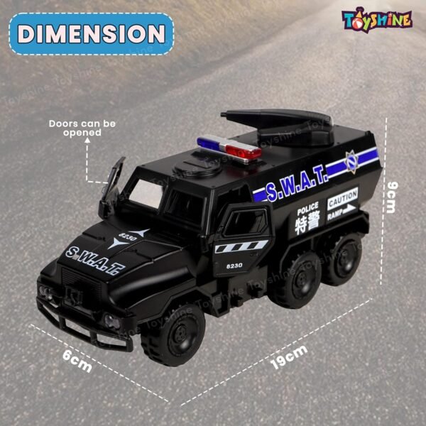 Toyshine 1:40 Scale Die Cast Pull Back High Simulation Police Armored Vehicle Truck Toy with Opening Doors, Light & Music Model Collection Educational Learning Toys for Kids 3+, Black - Image 3