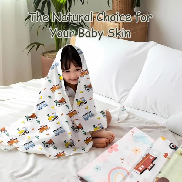 Baby Muslin Bath Towel for Newborn Baby | Gentle & Ultra-Absorbent | Muslin Cloth Bath Towel for Newborns | Tractor-Train-Butterfly Design | Pack of 3 | - Image 6