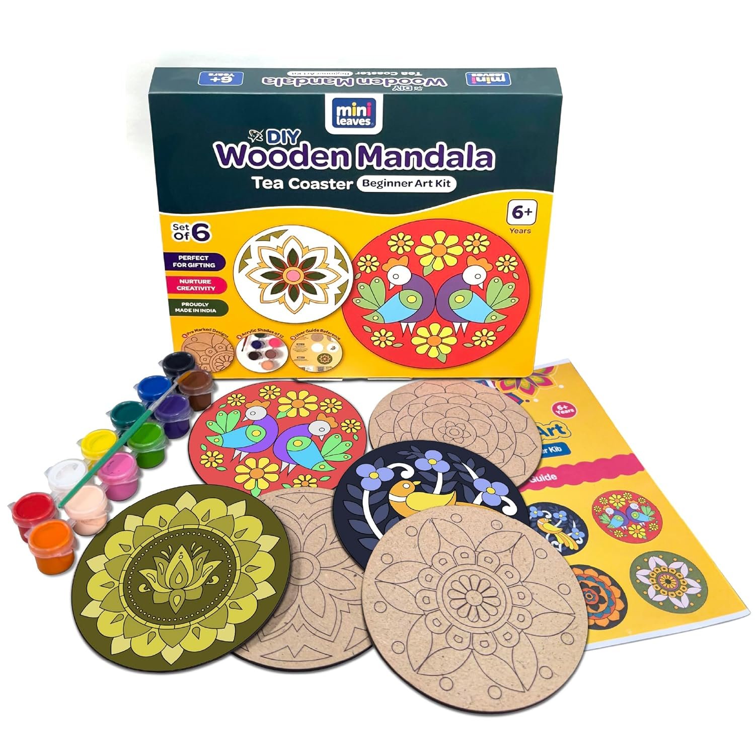 Mini Leaves Wooden Mandala Art Kit for Kids 6-12 and Adults | Beginner Mandala Drawing Kit with Set of 6 | Wooden Mandala Art Painting kit